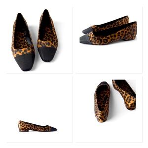 Zara Leopard Print Pointed Toe Flats with Black Cap